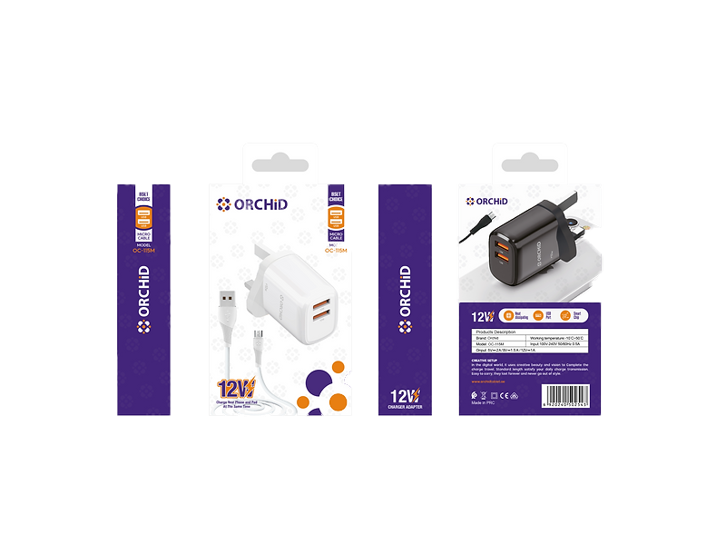 Orchid USB Adapter 2 USB Outputs with A to Micro Cable 12Wh OC-115M