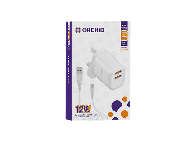 Orchid USB Adapter charger Dual with Lightning Cable 12Wh OC-115L