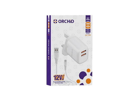 شاحن محول USB مزدوج من Orchid مع كابل Lightning بقوة 12 واط في الساعة OC-115L