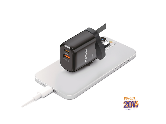 Orchid USB charger Adapter with USB 3.0 and Type-C Ports for Ultra-Fast Charging 3-Pin Plug 20Wh OC-12120W