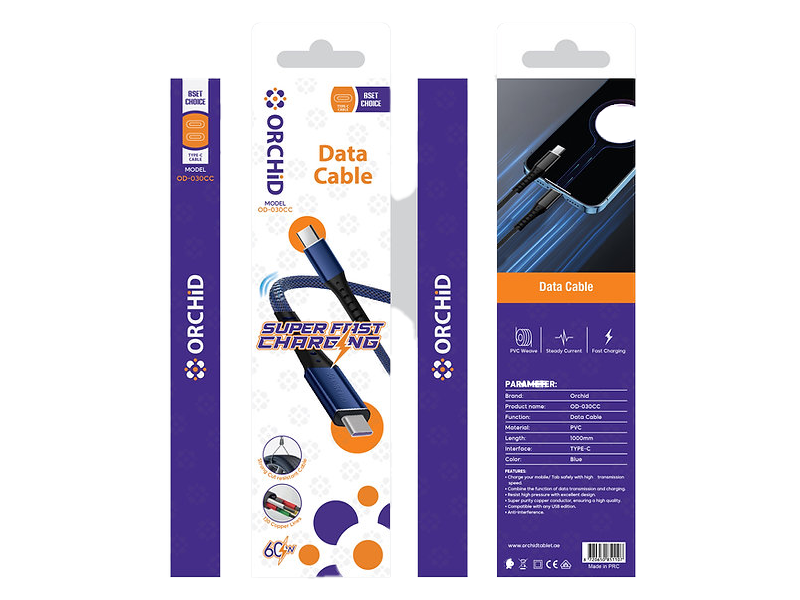 Orchid Cable USB Type C to C 60Wh Super Fast Charging and data cable OD-030CC