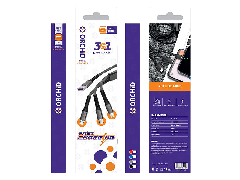 Orchid Cable USB 3in1 Type A to Type C Lightning Micro Fast Charging Data cable OD-033S