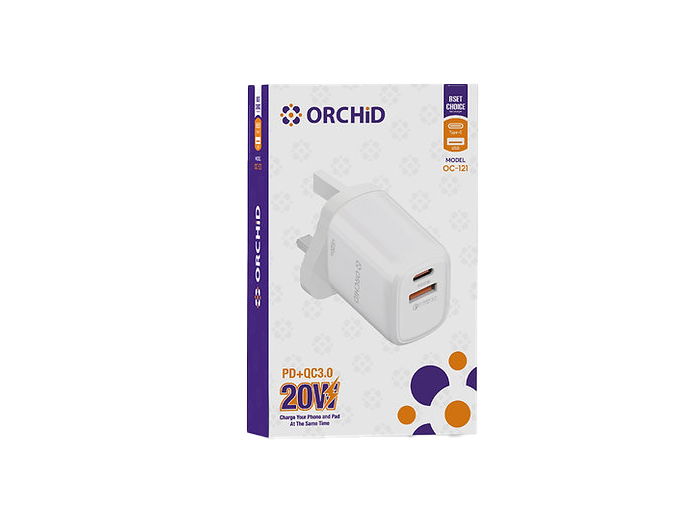Orchid USB charger Adapter with USB 3.0 and Type-C Ports for Ultra-Fast Charging 3-Pin Plug 20Wh OC-12120W