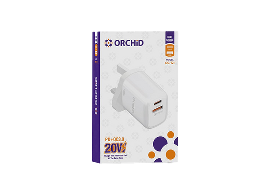 محول شاحن USB من Orchid مع منافذ USB 3.0 وType-C للشحن فائق السرعة، قابس ثلاثي السنون، 20 وات في الساعة، OC-12120W