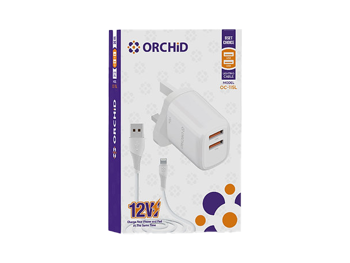 Orchid USB Adapter charger Dual with Lightning Cable 12Wh OC-115L