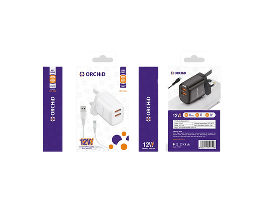شاحن محول USB مزدوج من Orchid مع كابل Lightning بقوة 12 واط في الساعة OC-115L
