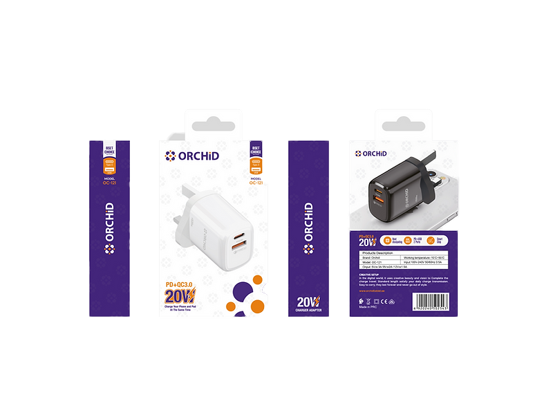 Orchid USB charger Adapter with USB 3.0 and Type-C Ports for Ultra-Fast Charging 3-Pin Plug 20Wh OC-12120W