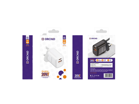 محول شاحن USB من Orchid مع منافذ USB 3.0 وType-C للشحن فائق السرعة، قابس ثلاثي السنون، 20 وات في الساعة، OC-12120W